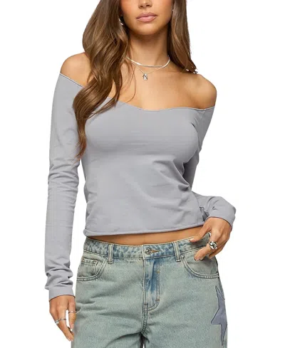Edikted Nattie Off Shoulder V Neck Top In Gray