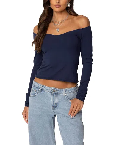 Edikted Nattie Off The Shoulder Long Sleeve Top In Navy