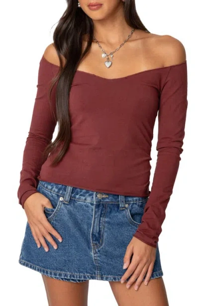 Edikted Nattie Off The Shoulder Long Sleeve Top In Burgundy