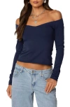 Edikted Nattie Off The Shoulder Long Sleeve Top In Navy
