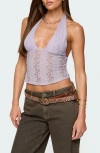 Edikted Naya Textured Sheer Lace Halter Top In Purple
