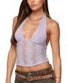 Edikted Naya Textured Sheer Lace Halter Top In Purple