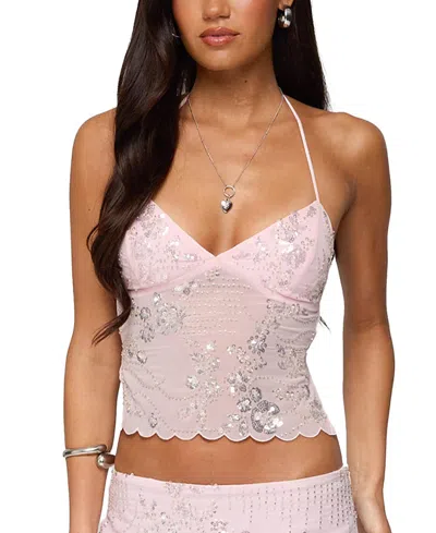 Edikted Nelley Backless Beaded Sequin Chiffon Top In Pink