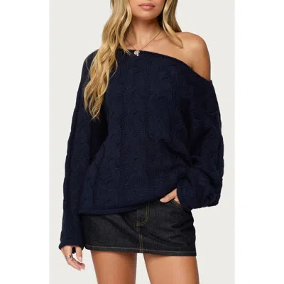 Edikted Nellie One-shoulder Cable Stitch Sweater In Blue