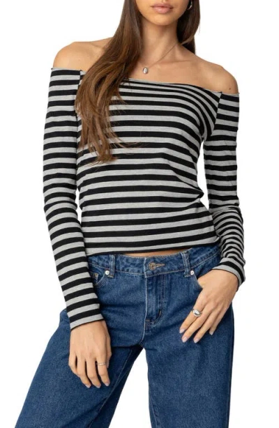 Edikted Nelligan Stripe Off The Shoulder Stretch Cotton Knit Top In Gray-melange