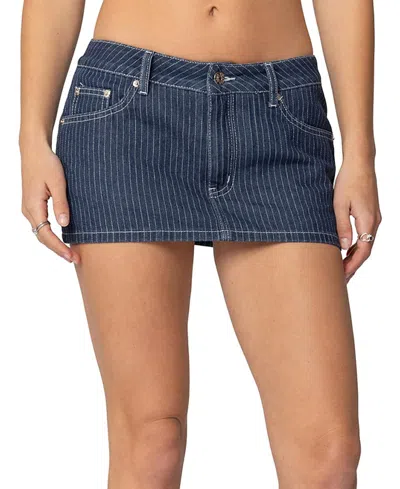 Edikted Neria Pinstripe Low Rise Denim Miniskort In Blue