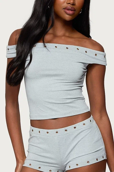 Edikted Neriah Grommet Off Shoulder Top In Gray/melange, Women's At Urban Outfitters In Pink