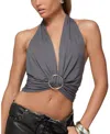 Edikted Nessie Ring Plunge Neck Open Back Halter Top In Gray