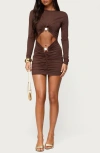 Edikted Nia Pendant Cutout Long Sleeve Body-con Minidress In Brown