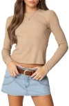 Edikted Nicky Long Sleeve Rib T-shirt In Beige