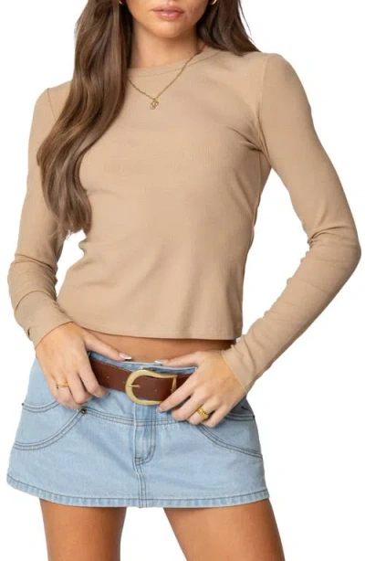 Edikted Nicky Long Sleeve Rib T-shirt In Beige
