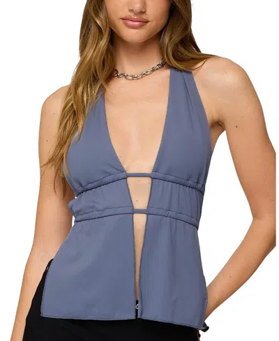 Edikted Nikole Split Front Backless Halter Top In Blue