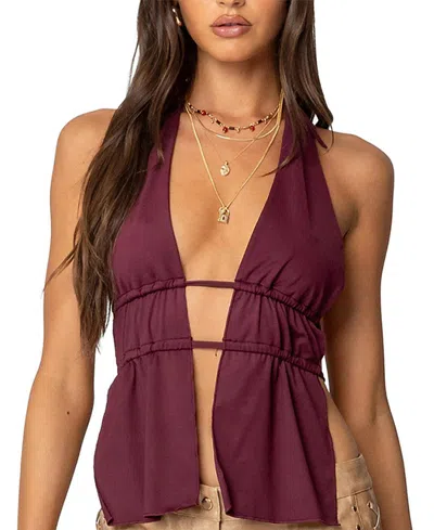 Edikted Nikole Split Front Backless Halter Top In Burgundy