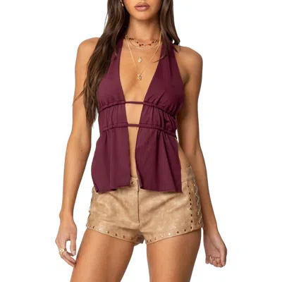 Edikted Nikole Split Front Backless Halter Top In Burgundy