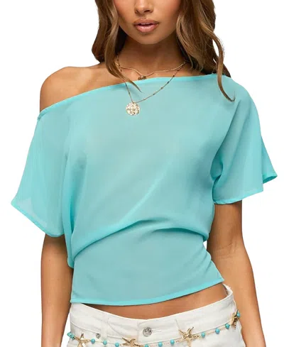 Edikted Noria One-shoulder Sheer Chiffon Top In Blue