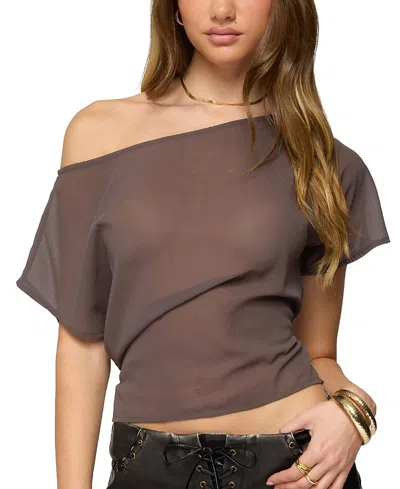 Edikted Noria One-shoulder Sheer Chiffon Top In Brown