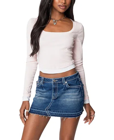 Edikted Long Sleeve Cotton Layered Look U-neck T-shirt In Light-pink