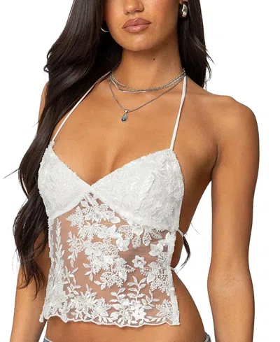 Edikted Nyx Backless Sheer Lace Top In White