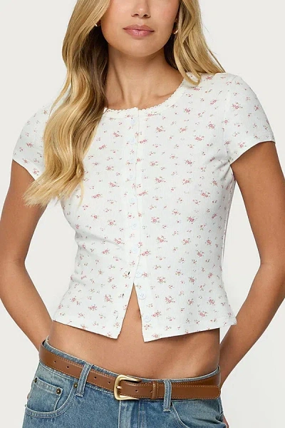 Edikted Odella Floral Rib Button-up Crop Top In White