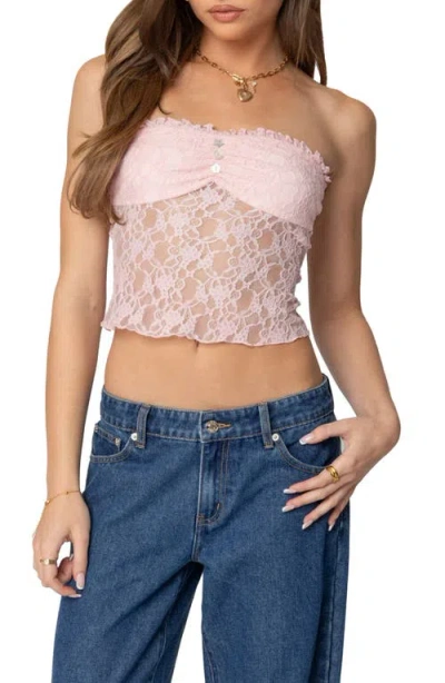 Edikted Odilia Strapless Sheer Lace Crop Top In Light-pink