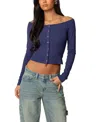 Edikted Off The Shoulder Long Sleeve Snap-up Top In Navy