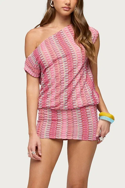 Edikted Off Shoulder Zigzag Crochet Mini Dress In Pink, Women's At Urban Outfitters In Brown
