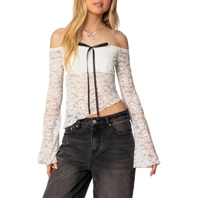 Edikted Off The Shoulder Asymmetric Lace Top In White