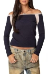 Edikted Off The Shoulder Colorblock Thermal Top In Navy