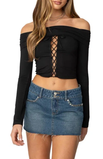Edikted Off The Shoulder Lace Up Crop Top In Black