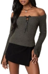 Edikted Off The Shoulder Long Sleeve Knit Shirt In Gray