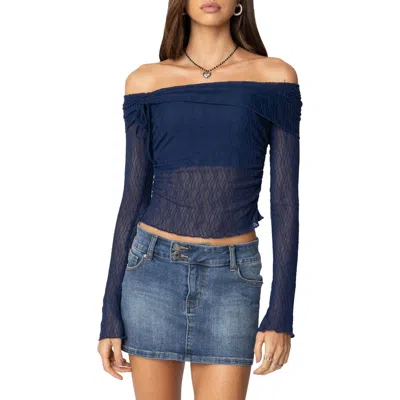 Edikted Off The Shoulder Long Sleeve Sheer Top In Navy