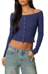 Edikted Off The Shoulder Long Sleeve Snap-up Top In Navy