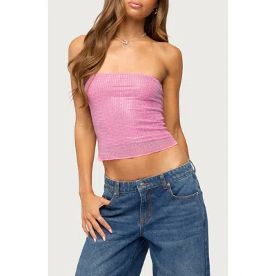 Edikted Olea Rhinestone Mesh Strapless Top In Pink