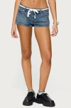 Edikted Olesia Tie Waist Low Rise Denim Shorts In Blue