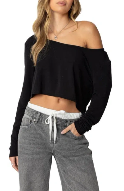 Edikted One-shoulder Long Sleeve Crop Top In Black