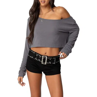 Edikted One-shoulder Long Sleeve Crop Top In Gray