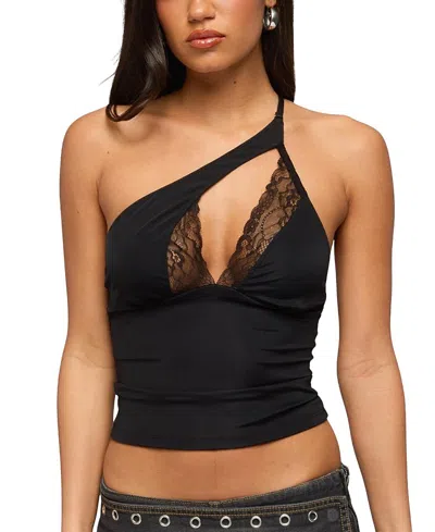 Edikted One Shoulder Peekaboo Lacey Cutout Top In Black