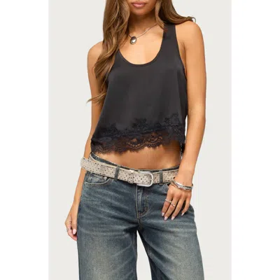 Edikted Onie Lace Trim Racerback Satin Tank In Gray
