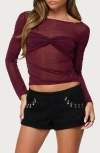 Edikted Oona Gathered Overlay Sheer Top In Burgundy