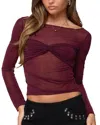 Edikted Oona Sheer Gathered Long Sleeve Top In Burgundy