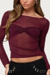 Edikted Oona Gathered Overlay Sheer Top In Burgundy