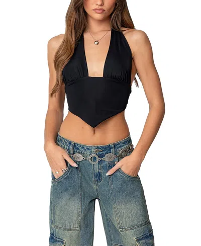 Edikted Open Back Triangle Hem Crop Halter Top In Black