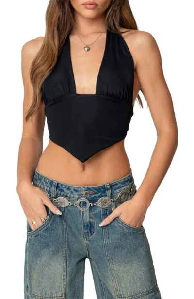 Edikted Open Back Triangle Hem Crop Halter Top In Black