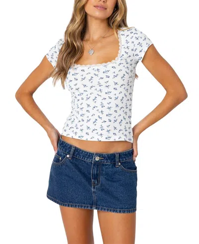 Edikted Orly Floral Rib Top In White