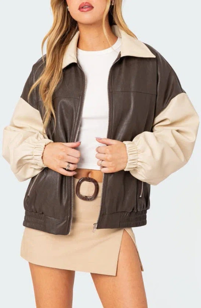 Edikted Oversize Colorblock Faux Leather Bomber Jacket In Brown