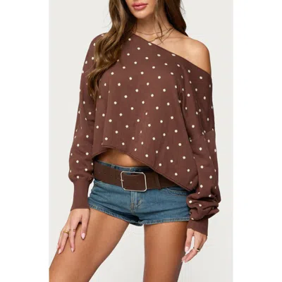 Edikted Oversize Off The Shoulder Polka Dot Sweater In Brown