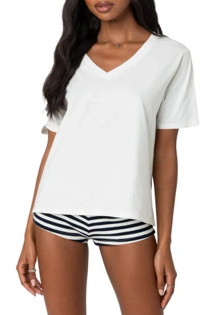Edikted Ornella V-neck Stretch Cotton T-shirt In White
