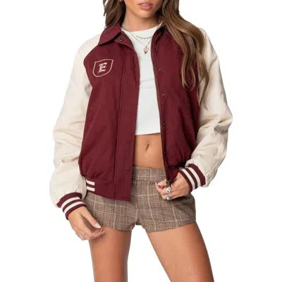 Edikted Varsity Oversized Bomber Jacket In Burgundy