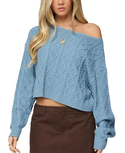 Edikted Oversized Off Shoulder Cable Knit Sweater In Blue