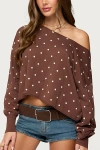 Edikted Oversized Off Shoulder Polka Dot Sweater In Brown, Women's At Urban Outfitters In Brown